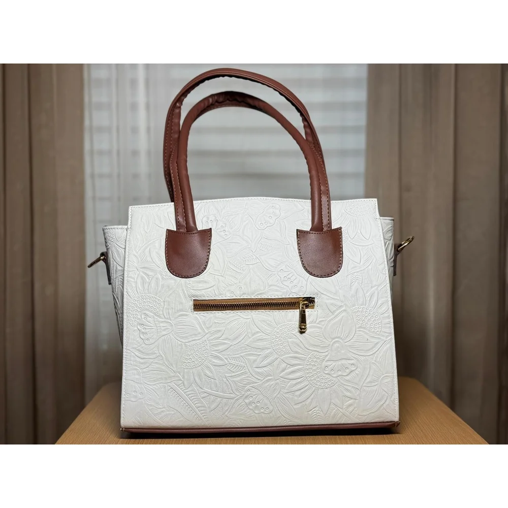 Floral White & Brown Cross Stitch Embossed Tooled Artisan LEATHER Bag Purse Tote